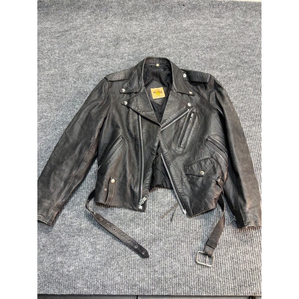 Hard Rock Cafe Mexico Vintage Black Leather Biker Jacket Moto Belted Mens Small